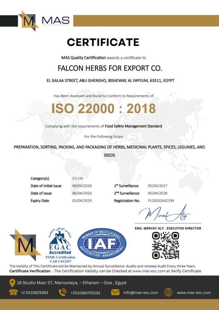 falcon herbs for export co. iso 22000 2018 issue 4 5 2026